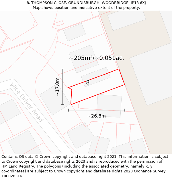 8, THOMPSON CLOSE, GRUNDISBURGH, WOODBRIDGE, IP13 6XJ: Plot and title map