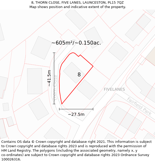 8, THORN CLOSE, FIVE LANES, LAUNCESTON, PL15 7QZ: Plot and title map