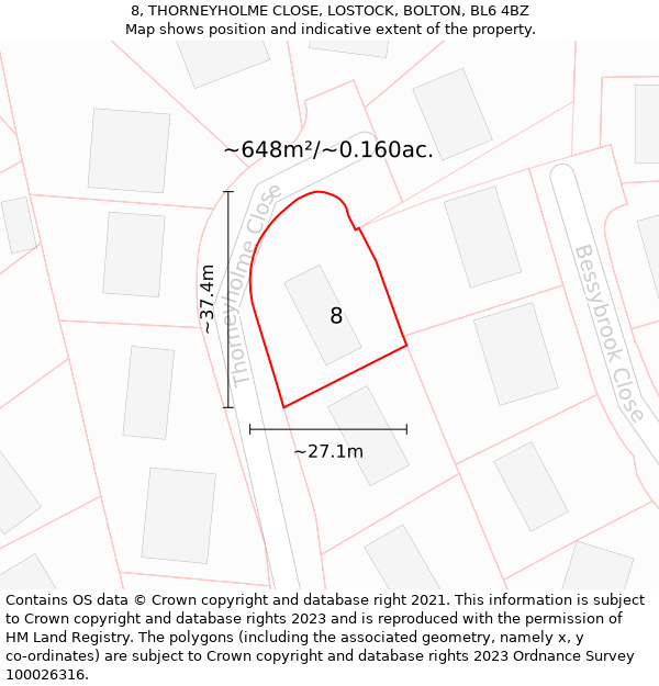 8, THORNEYHOLME CLOSE, LOSTOCK, BOLTON, BL6 4BZ: Plot and title map