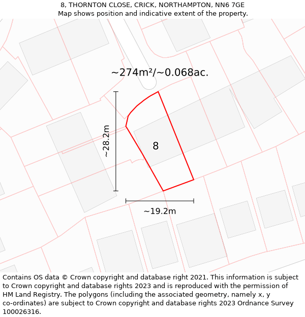 8, THORNTON CLOSE, CRICK, NORTHAMPTON, NN6 7GE: Plot and title map