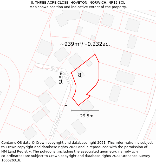 8, THREE ACRE CLOSE, HOVETON, NORWICH, NR12 8QL: Plot and title map