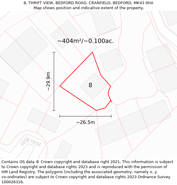 8, THRIFT VIEW, BEDFORD ROAD, CRANFIELD, BEDFORD, MK43 0HA: Plot and title map