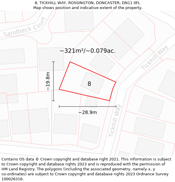 8, TICKHILL WAY, ROSSINGTON, DONCASTER, DN11 0FL: Plot and title map