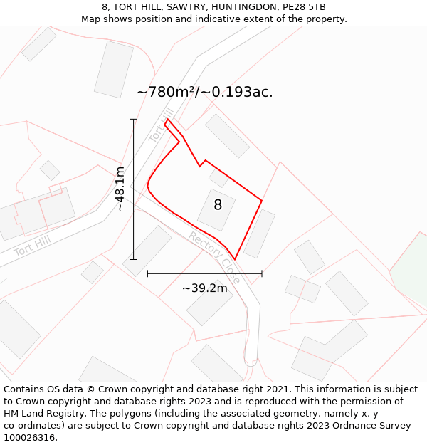 8, TORT HILL, SAWTRY, HUNTINGDON, PE28 5TB: Plot and title map