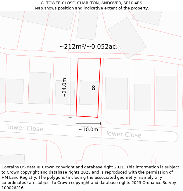 8, TOWER CLOSE, CHARLTON, ANDOVER, SP10 4RS: Plot and title map