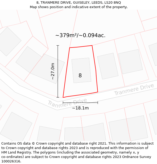 8, TRANMERE DRIVE, GUISELEY, LEEDS, LS20 8NQ: Plot and title map