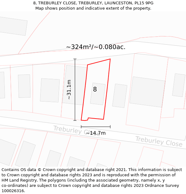 8, TREBURLEY CLOSE, TREBURLEY, LAUNCESTON, PL15 9PG: Plot and title map