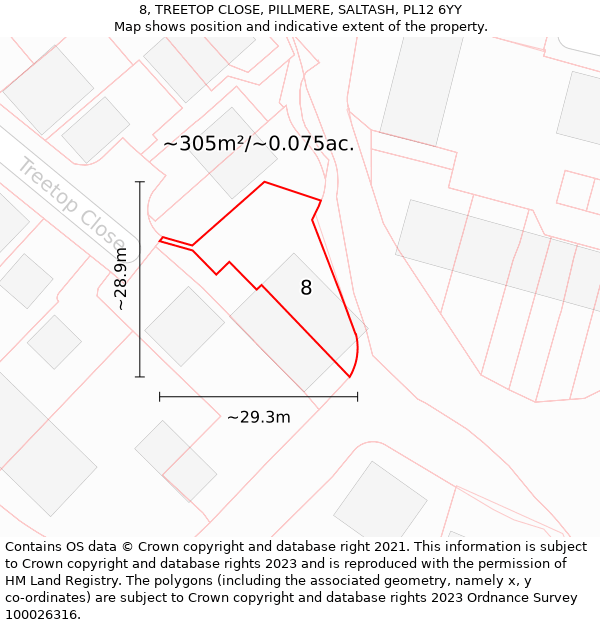 8, TREETOP CLOSE, PILLMERE, SALTASH, PL12 6YY: Plot and title map