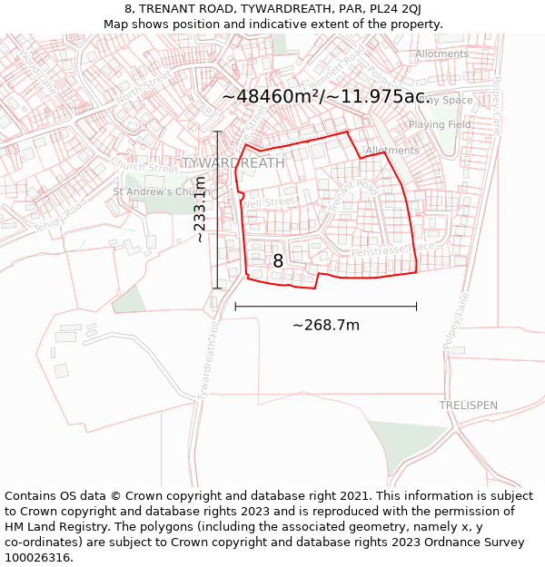 8, TRENANT ROAD, TYWARDREATH, PAR, PL24 2QJ: Plot and title map