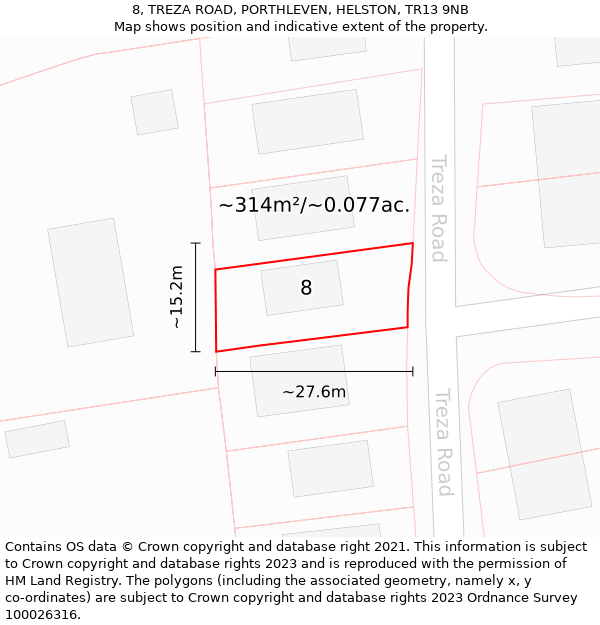 8, TREZA ROAD, PORTHLEVEN, HELSTON, TR13 9NB: Plot and title map