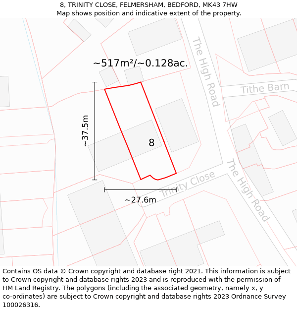 8, TRINITY CLOSE, FELMERSHAM, BEDFORD, MK43 7HW: Plot and title map