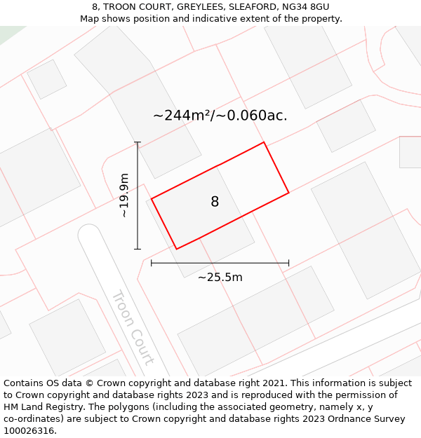 8, TROON COURT, GREYLEES, SLEAFORD, NG34 8GU: Plot and title map