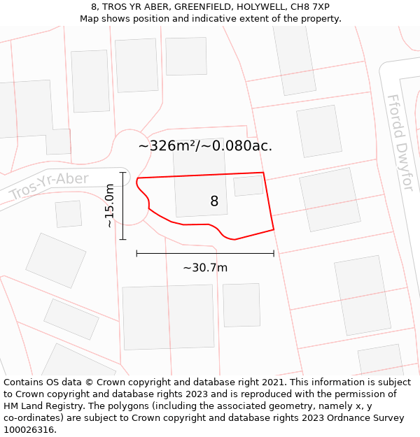 8, TROS YR ABER, GREENFIELD, HOLYWELL, CH8 7XP: Plot and title map