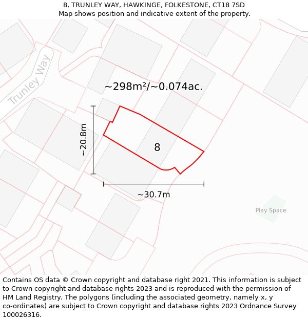 8, TRUNLEY WAY, HAWKINGE, FOLKESTONE, CT18 7SD: Plot and title map