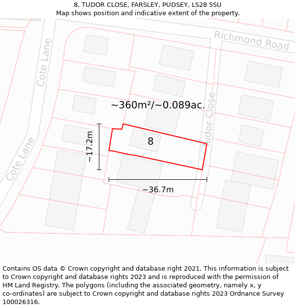 8, TUDOR CLOSE, FARSLEY, PUDSEY, LS28 5SU: Plot and title map