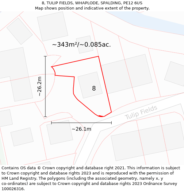 8, TULIP FIELDS, WHAPLODE, SPALDING, PE12 6US: Plot and title map