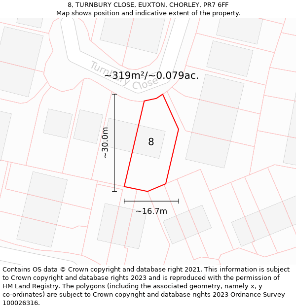 8, TURNBURY CLOSE, EUXTON, CHORLEY, PR7 6FF: Plot and title map