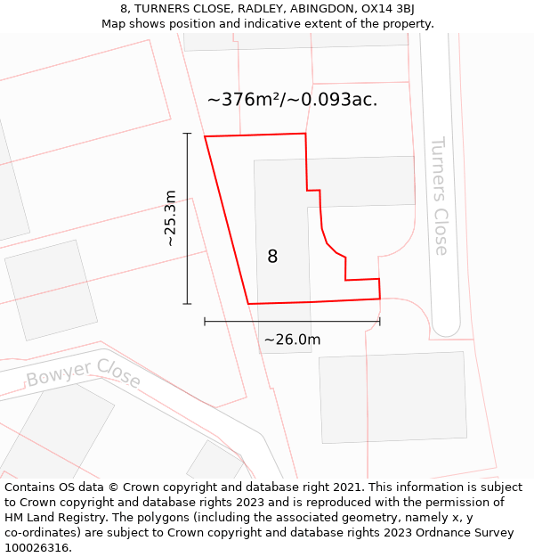 8, TURNERS CLOSE, RADLEY, ABINGDON, OX14 3BJ: Plot and title map