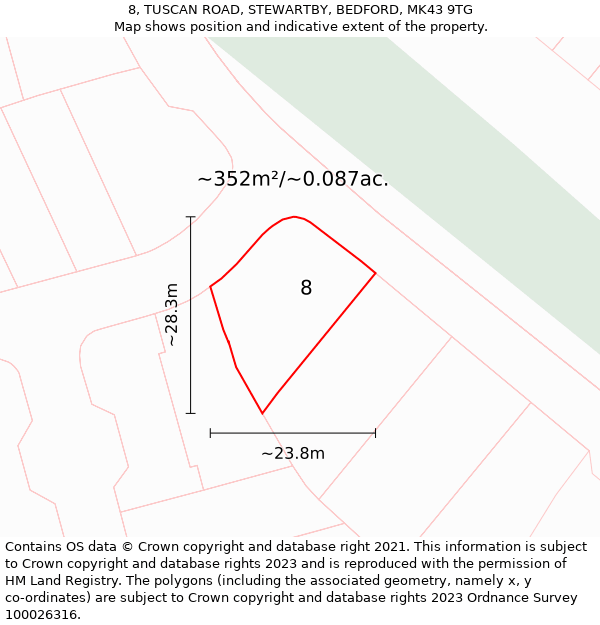 8, TUSCAN ROAD, STEWARTBY, BEDFORD, MK43 9TG: Plot and title map