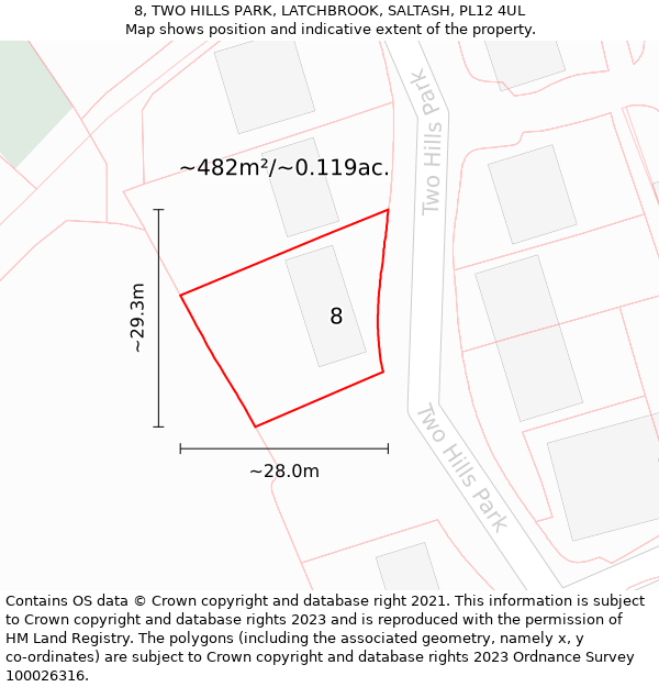 8, TWO HILLS PARK, LATCHBROOK, SALTASH, PL12 4UL: Plot and title map