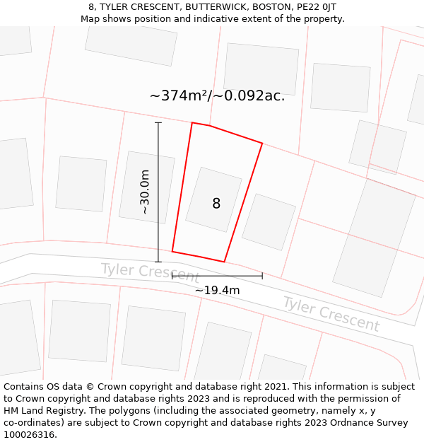 8, TYLER CRESCENT, BUTTERWICK, BOSTON, PE22 0JT: Plot and title map