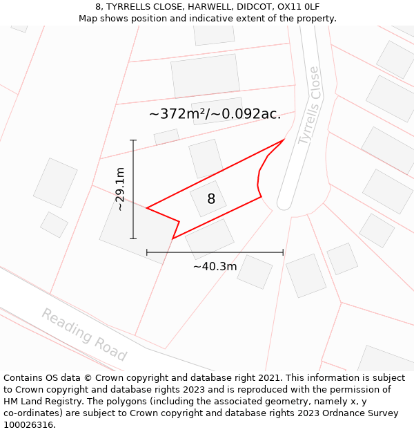 8, TYRRELLS CLOSE, HARWELL, DIDCOT, OX11 0LF: Plot and title map