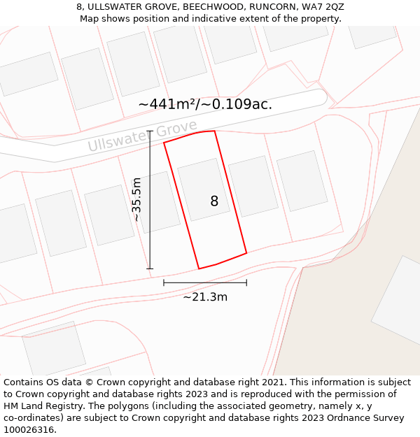 8, ULLSWATER GROVE, BEECHWOOD, RUNCORN, WA7 2QZ: Plot and title map