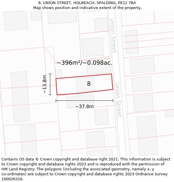 8, UNION STREET, HOLBEACH, SPALDING, PE12 7BA: Plot and title map