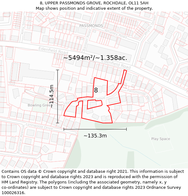 8, UPPER PASSMONDS GROVE, ROCHDALE, OL11 5AH: Plot and title map