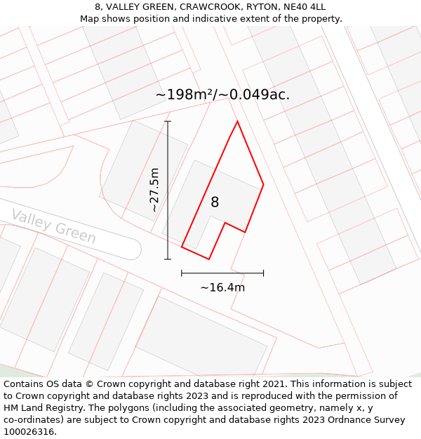 8, VALLEY GREEN, CRAWCROOK, RYTON, NE40 4LL: Plot and title map