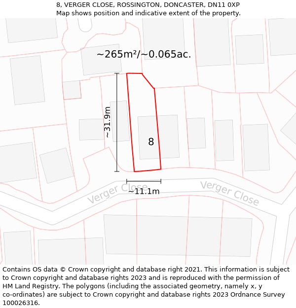 8, VERGER CLOSE, ROSSINGTON, DONCASTER, DN11 0XP: Plot and title map