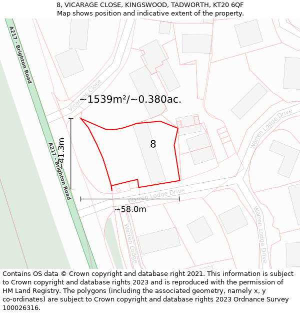 8, VICARAGE CLOSE, KINGSWOOD, TADWORTH, KT20 6QF: Plot and title map