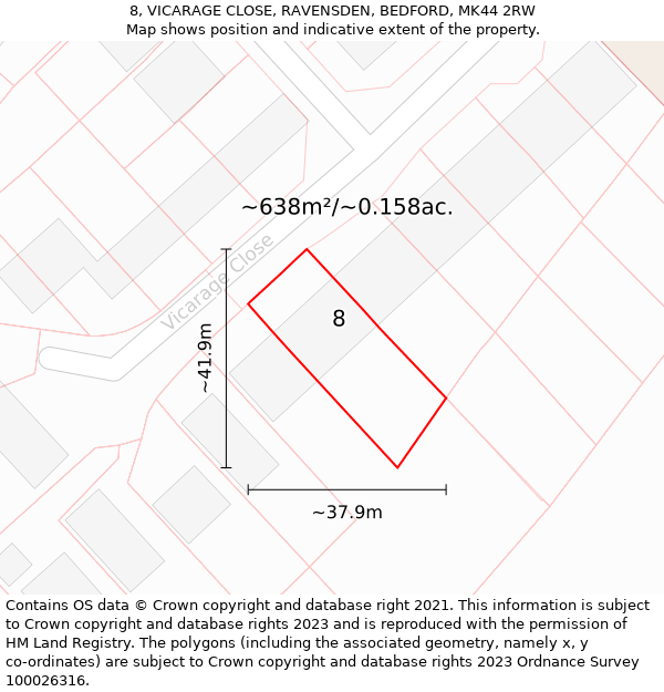 8, VICARAGE CLOSE, RAVENSDEN, BEDFORD, MK44 2RW: Plot and title map