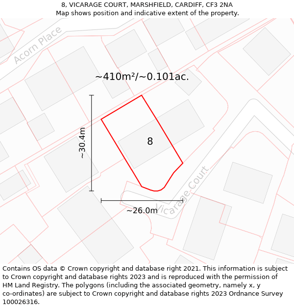 8, VICARAGE COURT, MARSHFIELD, CARDIFF, CF3 2NA: Plot and title map