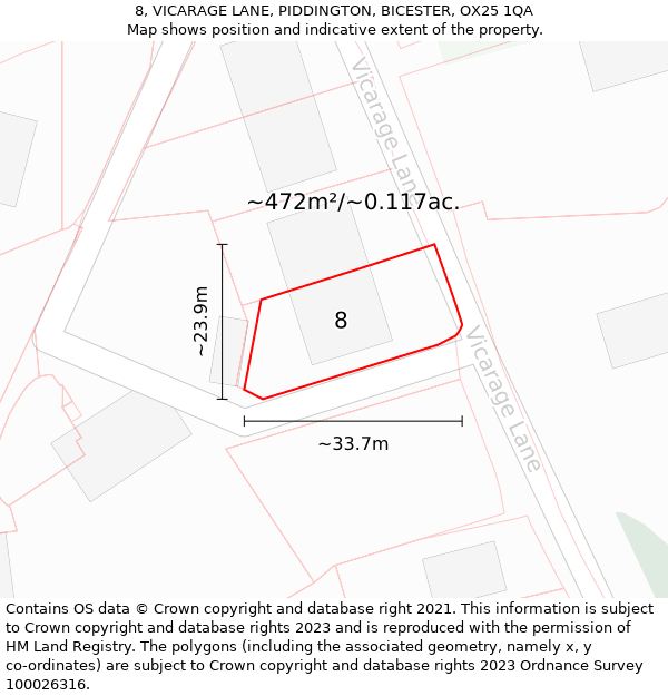 8, VICARAGE LANE, PIDDINGTON, BICESTER, OX25 1QA: Plot and title map