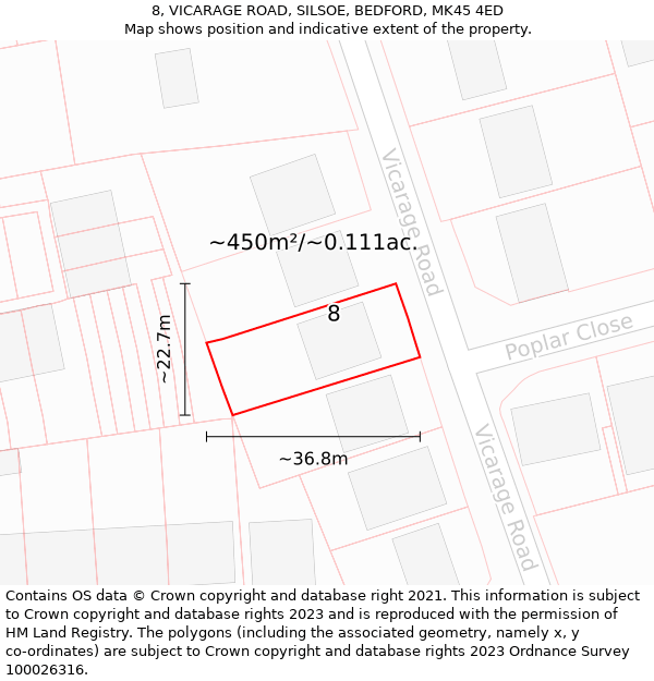 8, VICARAGE ROAD, SILSOE, BEDFORD, MK45 4ED: Plot and title map