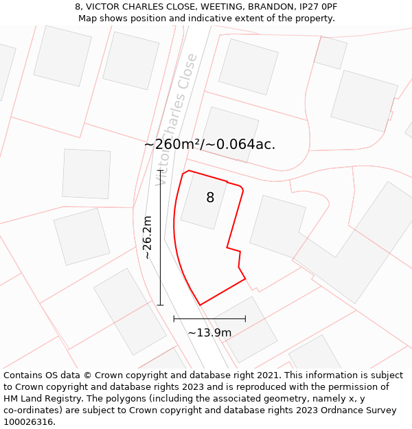 8, VICTOR CHARLES CLOSE, WEETING, BRANDON, IP27 0PF: Plot and title map