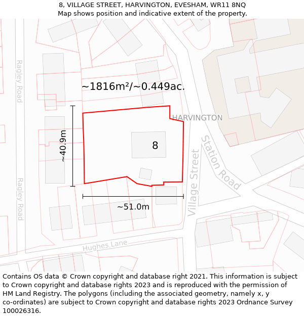 8, VILLAGE STREET, HARVINGTON, EVESHAM, WR11 8NQ: Plot and title map