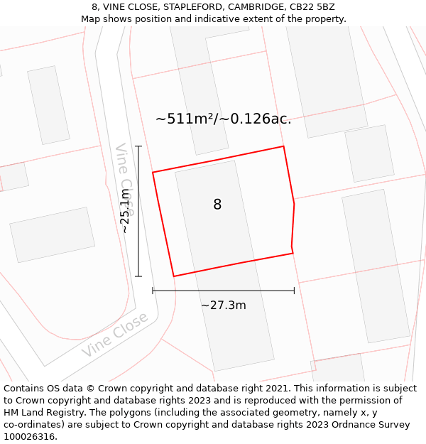 8, VINE CLOSE, STAPLEFORD, CAMBRIDGE, CB22 5BZ: Plot and title map