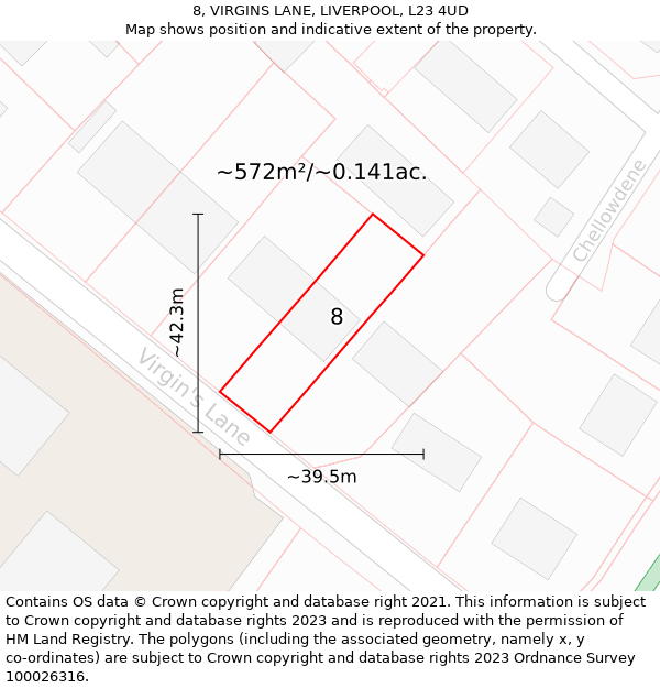 8, VIRGINS LANE, LIVERPOOL, L23 4UD: Plot and title map