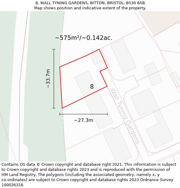 8, WALL TYNING GARDENS, BITTON, BRISTOL, BS30 6AB: Plot and title map