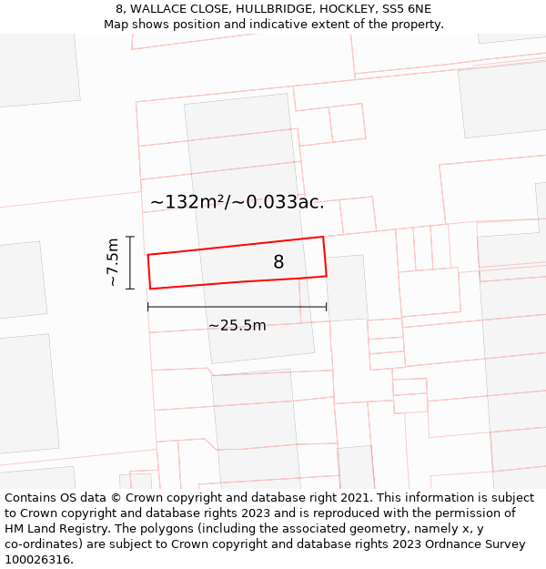 8, WALLACE CLOSE, HULLBRIDGE, HOCKLEY, SS5 6NE: Plot and title map