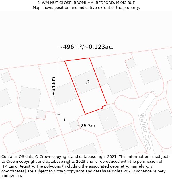 8, WALNUT CLOSE, BROMHAM, BEDFORD, MK43 8UF: Plot and title map