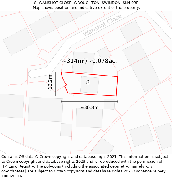 8, WANSHOT CLOSE, WROUGHTON, SWINDON, SN4 0RF: Plot and title map