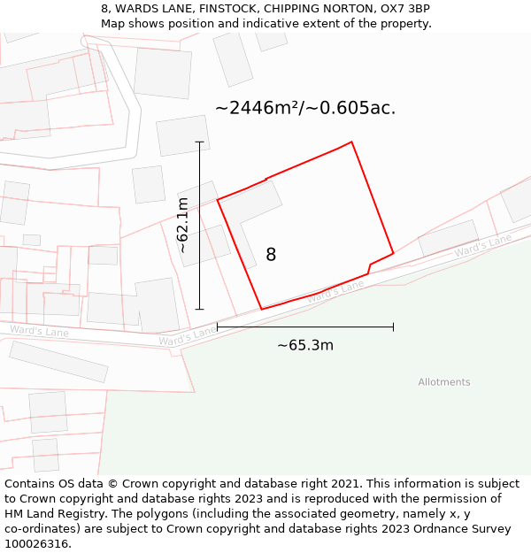 8, WARDS LANE, FINSTOCK, CHIPPING NORTON, OX7 3BP: Plot and title map