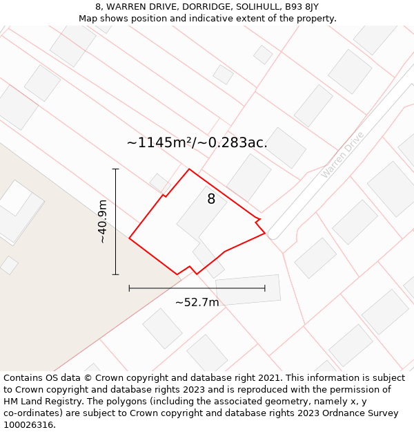 8, WARREN DRIVE, DORRIDGE, SOLIHULL, B93 8JY: Plot and title map