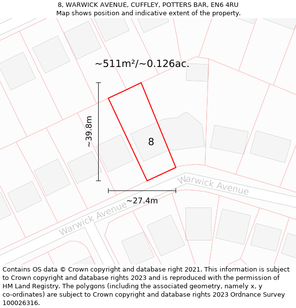 8, WARWICK AVENUE, CUFFLEY, POTTERS BAR, EN6 4RU: Plot and title map