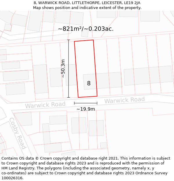 8, WARWICK ROAD, LITTLETHORPE, LEICESTER, LE19 2JA: Plot and title map