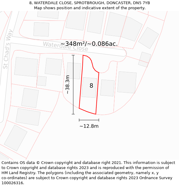 8, WATERDALE CLOSE, SPROTBROUGH, DONCASTER, DN5 7YB: Plot and title map