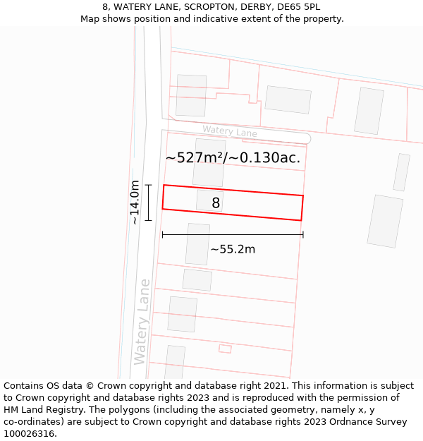 8, WATERY LANE, SCROPTON, DERBY, DE65 5PL: Plot and title map